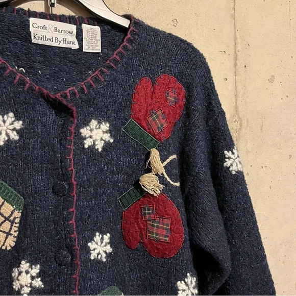 Retro Croft Barrow Hand Knit Christmas Holiday Sweater Cardigan XL Blue Red - Picture 6 of 11